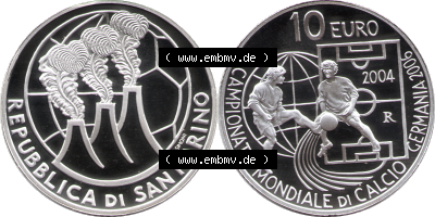 San Marino Euromünze 2004-2004, 10 Euro Fußball-WM 2006 in Deutschland, Silber-Diptychon. Vorderseite und Rückseite der Münze... Sammlung