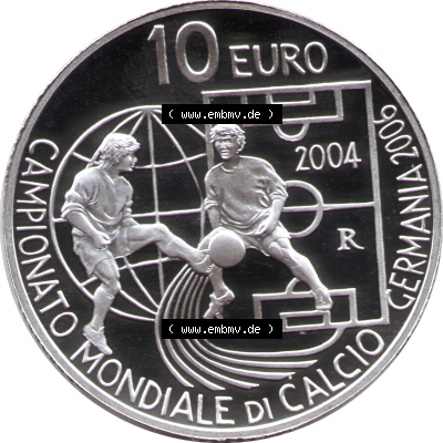 San Marino Euromünze 2004-2004, 10 Euro Fußball-WM 2006 in Deutschland, Silber-Diptychon. Rückseite mit Wert-Angabe einer Silber-Diptychon... Sammlung