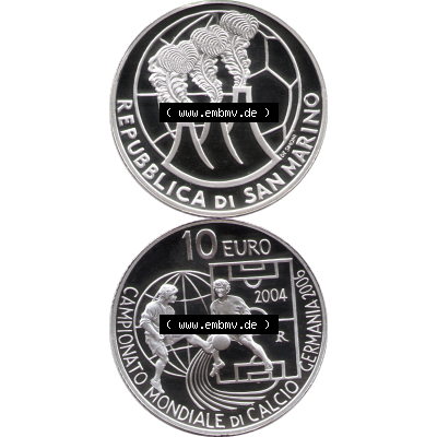 San Marino Euromünze 2004-2004, 10 Euro Fußball-WM 2006 in Deutschland, Silber-Diptychon. Vorderseite und Rückseite der Münze mit Wert-Angabe vertikal untereinander... Sammlung
