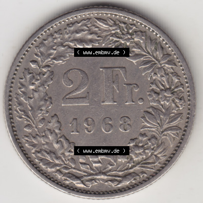 Münzen Schweiz 1968-1982, 2 Franken RM 1968, Münzen Rückseite als Bildmaterial im online Katalog und online Datenbank für... Sammlung