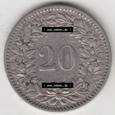 Münzen Schweiz 1881-1938, 20 Rappen Münzzeichen / Mzz. B 1883, Münzen Rückseite als Bildmaterial im online Katalog und online... Sammlung