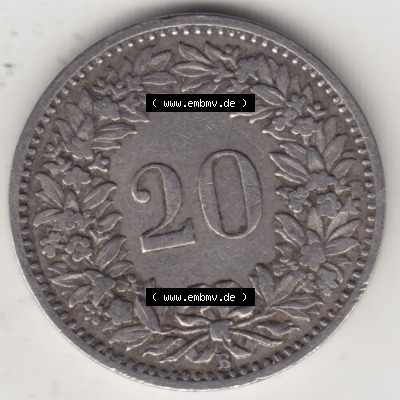 Münzen Schweiz 1881-1938, 20 Rappen Münzzeichen / Mzz. B 1884, Münzen Rückseite als Bildmaterial im online Katalog und online... Sammlung