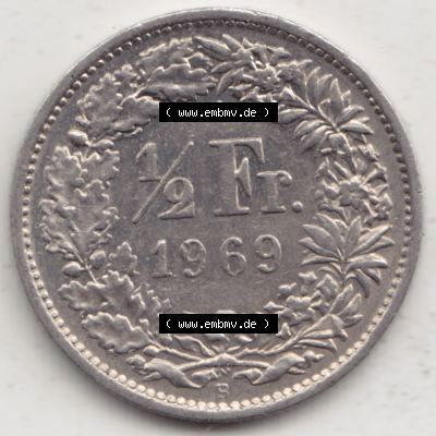 Münzen Schweiz 1968-1982, 1/2 Franken mit Münzzeichen / Mzz. B 1969 II, Münzen Rückseite als Bildmaterial Sammlung