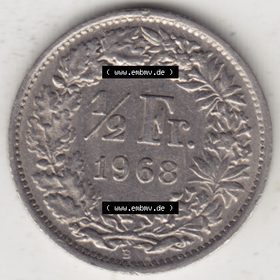 Münzen Schweiz 1968-1982, 1/2 Franken mit Münzzeichen / Mzz. B 1968 III, Münzen Rückseite als Bildmaterial Sammlung