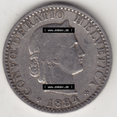 Münzen Schweiz 1881-1938, 20 Rappen Münzzeichen / Mzz. B 1884, Münzen Vorderseite als Bildmaterial im online Katalog und online... Sammlung