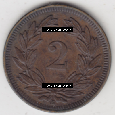 Münzen Schweiz 1850-1931, 2 Rappen, Münzen Rückseite als Bildmaterial im online Katalog und online Datenbank für Sammler von... Sammlung