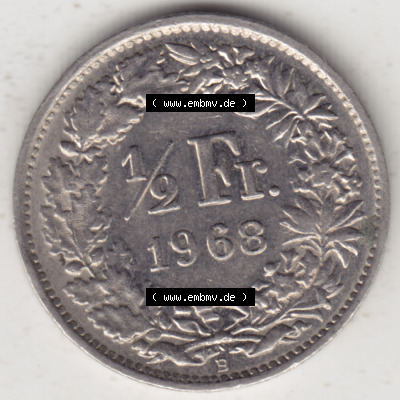 Münzen Schweiz 1968-1982, 1/2 Franken mit Münzzeichen / Mzz. B 1968 II, Münzen Rückseite als Bildmaterial Sammlung