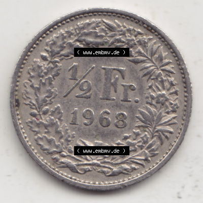 Münzen Schweiz 1968-1982, 1/2 Franken mit Münzzeichen / Mzz. B 1968, Münzen Rückseite als Bildmaterial Sammlung