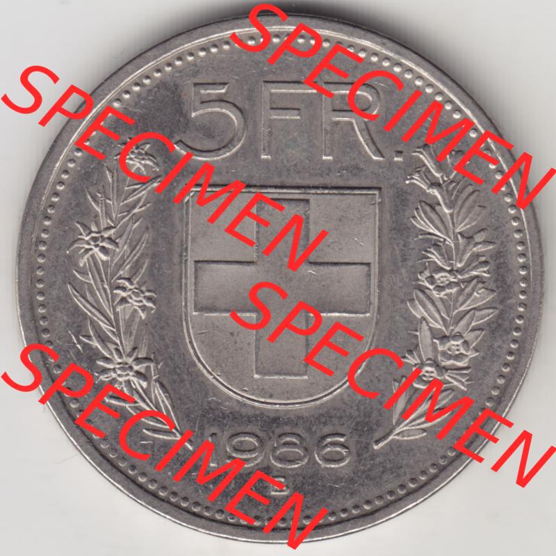 Münzen Schweiz 1968-2018, 5 Franken Mzz. B 1986, Münzen Rückseite als Bildmaterial im online Katalog und online Datenbank für Sammler von Schweizer Münzen. Sammlung