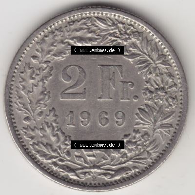 Münzen Schweiz 1968-1982, 2 Franken mit Münzzeichen / Mzz. B 1969, Münzen Rückseite als Bildmaterial im online Katalog und online Datenbank für Sammler von... Sammlung