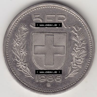 Münzen Schweiz 1968-2018, 5 Franken Mzz. B 1986, Münzen Rückseite als Bildmaterial im online Katalog und online Datenbank für Sammler von Schweizer Münzen. Sammlung