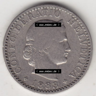 Münzen Schweiz 1881-1938, 20 Rappen Münzzeichen / Mzz. B 1883, Münzen Vorderseite als Bildmaterial im online Katalog und online... Sammlung