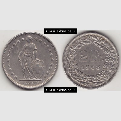 Münzen Schweiz 1968-1982, 2 Franken mit Münzzeichen / Mzz. B 1968, Münzen Vollansicht Horizontal als Bildmaterial im online Katalog und online Datenbank für Sammler... Sammlung