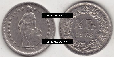 Münzen Schweiz 1968-1982, 1/2 Franken mit Münzzeichen / Mzz. B 1968 III, Münzen Vollansicht Horizontal als Bildmaterial Sammlung