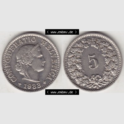 Münzen Schweiz 1932-1941, 5 Rappen Mzz. B 1933, Münzen Vollansicht Horizontal als Bildmaterial im online Katalog und online Datenbank für Sammler von Schweizer Münzen. Sammlung