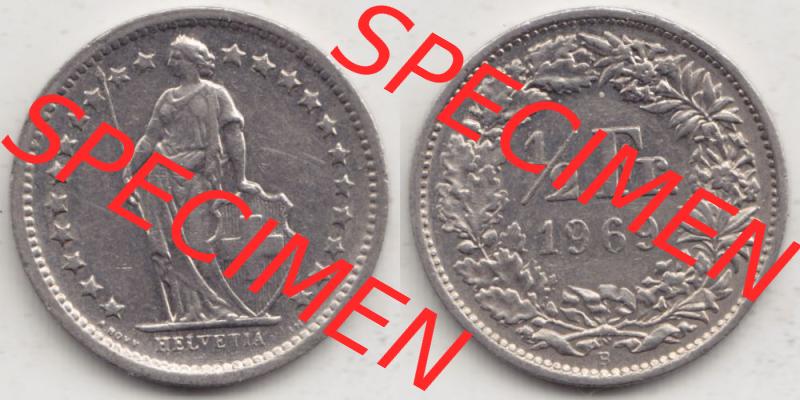 Münzen Schweiz 1968-1982, 1/2 Franken mit Münzzeichen / Mzz. B 1969 II, Münzen Vollansicht Horizontal als Bildmaterial Sammlung