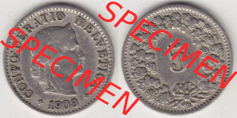 Münzen Schweiz 1879-1917, 5 Rappen Mzz. B 1909, Münzen Vollansicht Horizontal als Bildmaterial im online Katalog und online Datenbank für Sammler von Schweizer Münzen. Sammlung