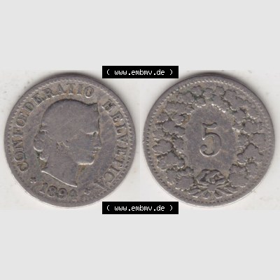 Münzen Schweiz 1879-1917, 5 Rappen Mzz. B 1894, Münzen Vollansicht Horizontal als Bildmaterial im online Katalog und online Datenbank für Sammler von Schweizer Münzen. Sammlung