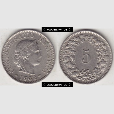 Münzen Schweiz 1940-1980, 5 Rappen Mzz. B 1962, Münzen Vollansicht Horizontal als Bildmaterial im online Katalog und online Datenbank für Sammler von Schweizer Münzen. Sammlung