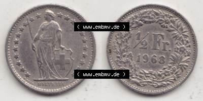 Münzen Schweiz 1968-1982, 1/2 Franken mit Münzzeichen / Mzz. B 1968, Münzen Vollansicht Horizontal als Bildmaterial Sammlung