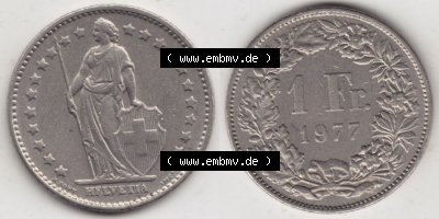 Münzen Schweiz 1968-1982, 1 Franken mit Münzzeichen / Mzz. B 1977, Münzen Vollansicht Horizontal als Bildmaterial im online... Sammlung