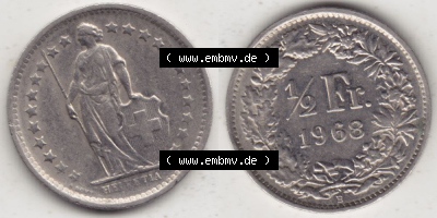 Münzen Schweiz 1968-1982, 1/2 Franken mit Münzzeichen / Mzz. B 1968 II, Münzen Vollansicht Horizontal als Bildmaterial Sammlung