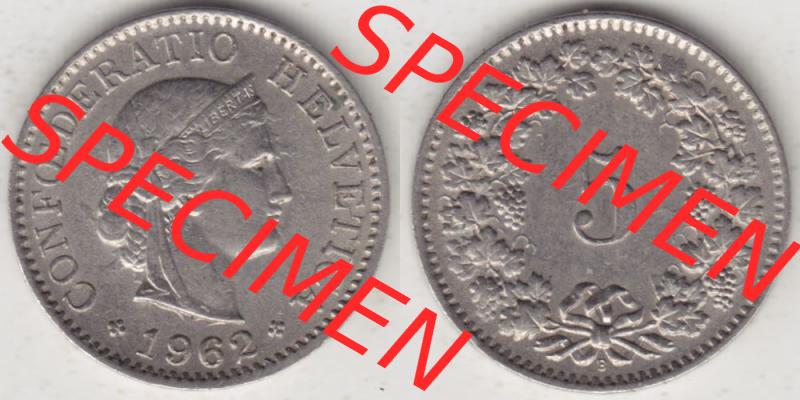 Münzen Schweiz 1940-1980, 5 Rappen Mzz. B 1962, Münzen Vollansicht Horizontal als Bildmaterial im online Katalog und online Datenbank für Sammler von Schweizer Münzen. Sammlung