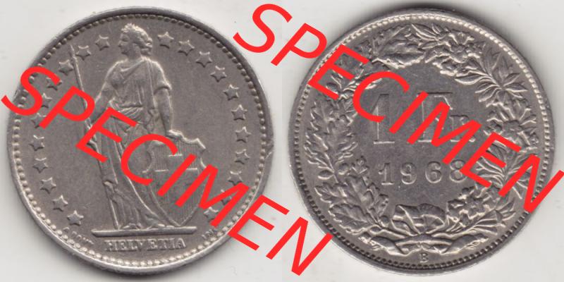 Münzen Schweiz 1968-1982, 1 Franken mit Münzzeichen / Mzz. B 1968 I., Münzen Vollansicht Horizontal als Bildmaterial im online Katalog und online Datenbank... Sammlung