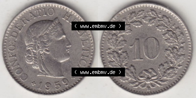 Münzen Schweiz 1940-Heute, 10 Rappen B 1959, Münzen Vollansicht Horizontal als Bildmaterial im online Katalog und online Datenbank... Sammlung