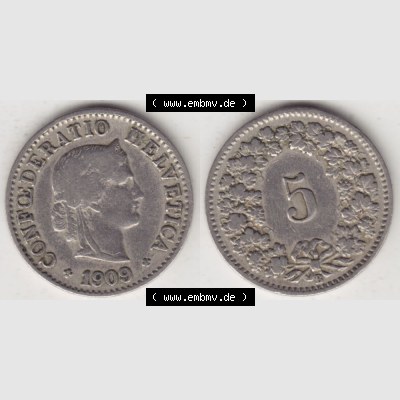 Münzen Schweiz 1879-1917, 5 Rappen Mzz. B 1909, Münzen Vollansicht Horizontal als Bildmaterial im online Katalog und online Datenbank für Sammler von Schweizer Münzen. Sammlung