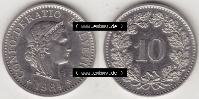 Münzen Schweiz 1940-Heute, 10 Rappen B 1984, Münzen Vollansicht Horizontal als Bildmaterial im online Katalog und online Datenbank... Sammlung