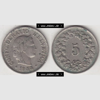 Münzen Schweiz 1940-1980, 5 Rappen Mzz. B 1944, Münzen Vollansicht Horizontal als Bildmaterial im online Katalog und online Datenbank für Sammler von Schweizer Münzen. Sammlung