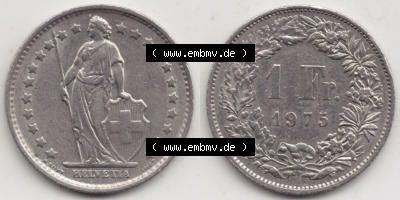 Münzen Schweiz 1968-1982, 1 Franken mit Münzzeichen / Mzz. B 1975, Münzen Vollansicht Horizontal als Bildmaterial im online... Sammlung