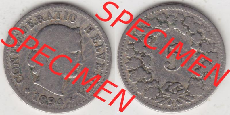 Münzen Schweiz 1879-1917, 5 Rappen Mzz. B 1894, Münzen Vollansicht Horizontal als Bildmaterial im online Katalog und online Datenbank für Sammler von Schweizer Münzen. Sammlung
