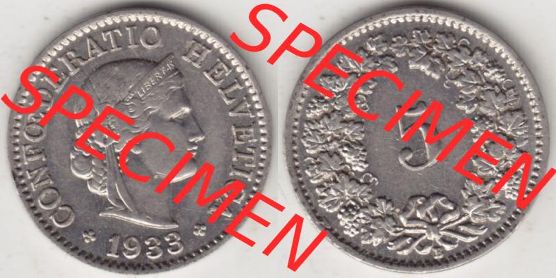 Münzen Schweiz 1932-1941, 5 Rappen Mzz. B 1933, Münzen Vollansicht Horizontal als Bildmaterial im online Katalog und online Datenbank für Sammler von Schweizer Münzen. Sammlung