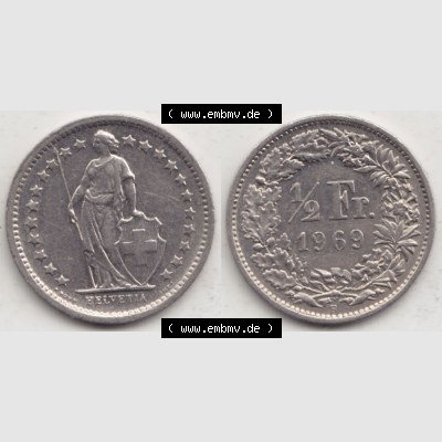 Münzen Schweiz 1968-1982, 1/2 Franken mit Münzzeichen / Mzz. B 1969 II, Münzen Vollansicht Horizontal als Bildmaterial Sammlung