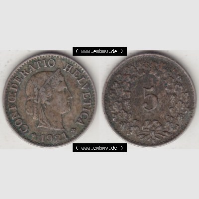 Münzen Schweiz 1919-1931, 5 Rappen Mzz. B 1921, Münzen Vollansicht Horizontal als Bildmaterial im online Katalog und online Datenbank für Sammler von Schweizer Münzen. Sammlung