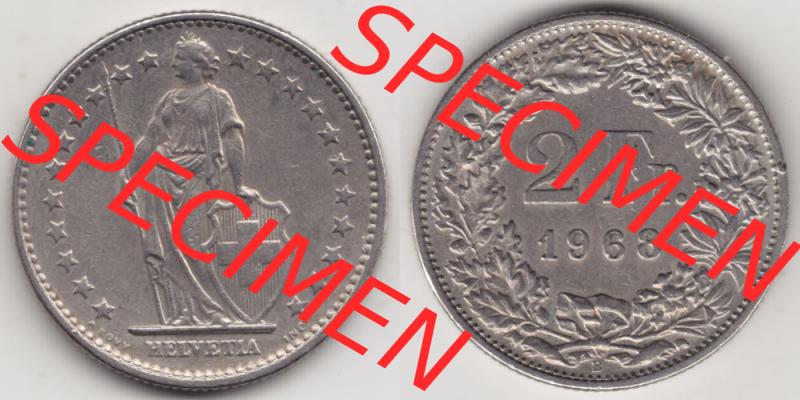 Münzen Schweiz 1968-1982, 2 Franken mit Münzzeichen / Mzz. B 1968, Münzen Vollansicht Horizontal als Bildmaterial im online Katalog und online Datenbank für Sammler... Sammlung