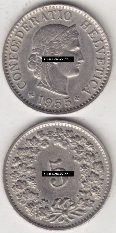 Münzen Schweiz 1940-1980, 5 Rappen Mzz. B 1955 II., Münzen Vollansicht Vertikal als Bildmaterial im online Katalog und online... Sammlung