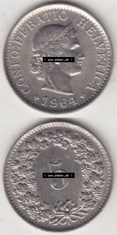 Münzen Schweiz 1940-1980, 5 Rappen Mzz. B 1964 I., Münzen Vollansicht Vertikal als Bildmaterial im online Katalog und online... Sammlung