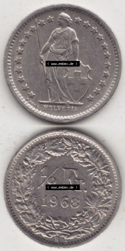 Münzen Schweiz 1968-1982, 1/2 Franken mit Münzzeichen / Mzz. B 1968 III, Münzen Vollansicht Vertikal als Bildmaterial für... Sammlung