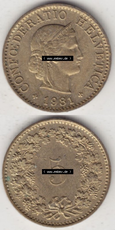 Münzen Schweiz 1979-Heute, 5 Rappen Mzz. B 1981 I., Münzen Vollansicht Vertikal als Bildmaterial im online Katalog und online... Sammlung