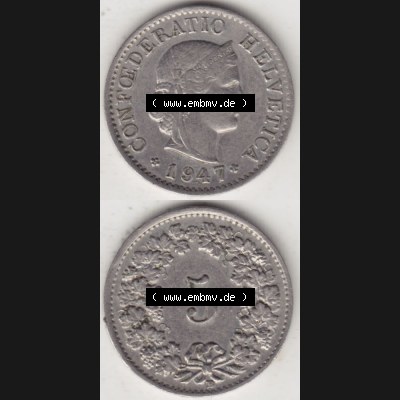 Münzen Schweiz 1940-1980, 5 Rappen Mzz. B 1947, Münzen Vollansicht Vertikal als Bildmaterial im online Katalog und online Datenbank für Sammler von Schweizer Münzen... Sammlung