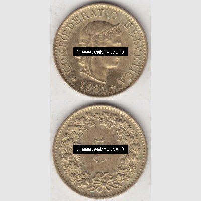 Münzen Schweiz 1979-Heute, 5 Rappen Mzz. B 1981 II., Münzen Vollansicht Vertikal als Bildmaterial im online Katalog und online Datenbank für Sammler von Schweizer... Sammlung