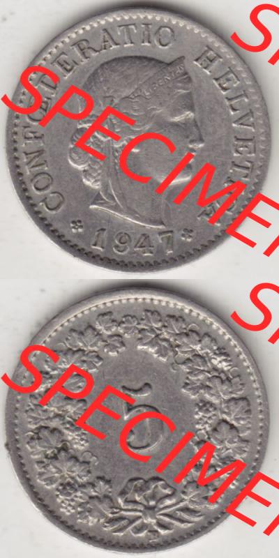 Münzen Schweiz 1940-1980, 5 Rappen Mzz. B 1947, Münzen Vollansicht Vertikal als Bildmaterial im online Katalog und online Datenbank für Sammler von Schweizer Münzen... Sammlung