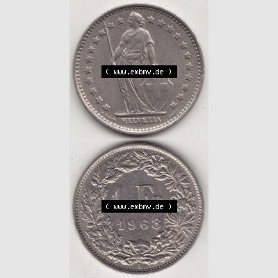 Münzen Schweiz 1968-1982, 1 Franken mit Münzzeichen / Mzz. B 1968 I., Münzen Vollansicht Vertikal als Bildmaterial im online Katalog und online Datenbank für... Sammlung
