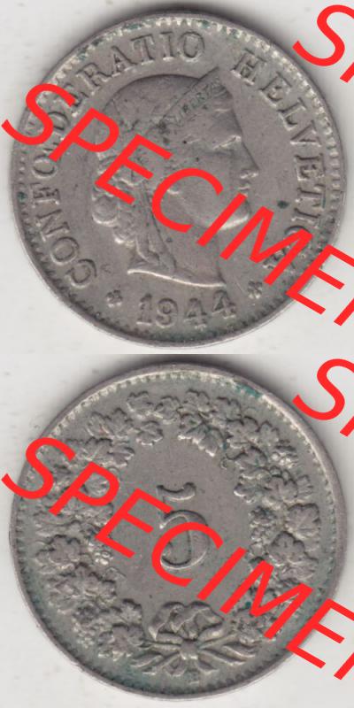 Münzen Schweiz 1940-1980, 5 Rappen Mzz. B 1944, Münzen Vollansicht Vertikal als Bildmaterial im online Katalog und online Datenbank für Sammler von Schweizer Münzen... Sammlung