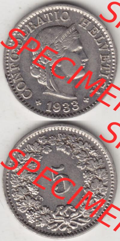 Münzen Schweiz 1932-1941, 5 Rappen Mzz. B 1933, Münzen Vollansicht Vertikal als Bildmaterial im online Katalog und online Datenbank für Sammler von Schweizer Münzen... Sammlung