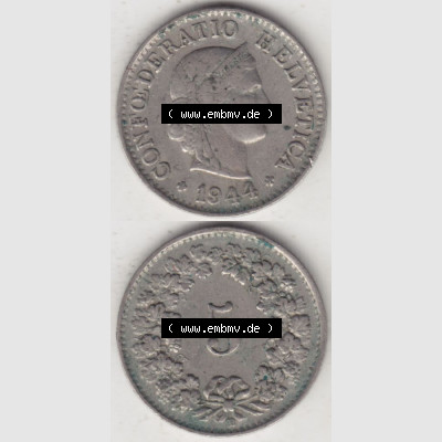 Münzen Schweiz 1940-1980, 5 Rappen Mzz. B 1944, Münzen Vollansicht Vertikal als Bildmaterial im online Katalog und online Datenbank für Sammler von Schweizer Münzen... Sammlung