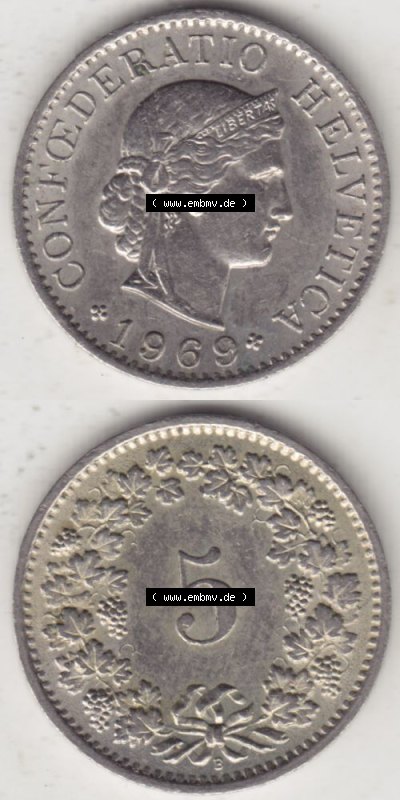 Münzen Schweiz 1940-1980, 5 Rappen Mzz. B 1969, Münzen Vollansicht Vertikal als Bildmaterial im online Katalog und online Datenbank... Sammlung